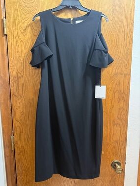 Calvin Klein Black Cold-Shoulder Ruffle Midi Dress